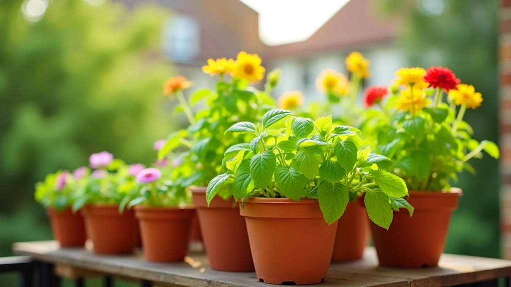 Vibrant container garden with herbs and flowers on a sunny UK balcony