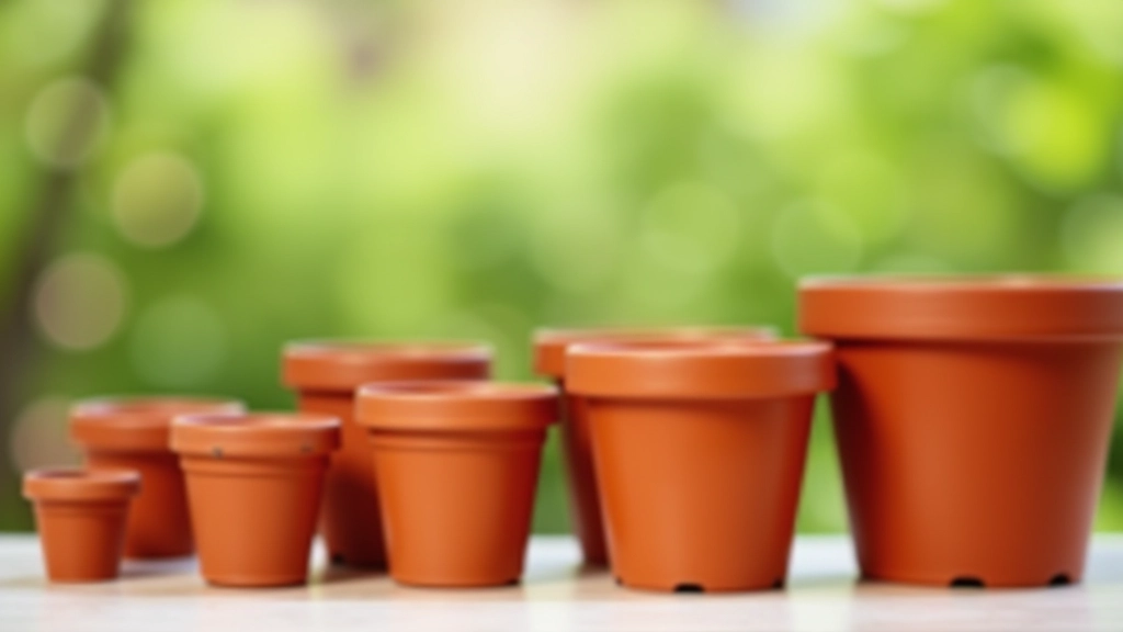 Selection of terracotta and ceramic pots in various sizes arranged in rows, showing 15cm, 25cm, and 35cm diameters for comparison